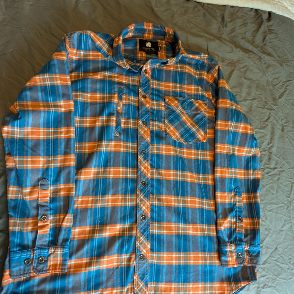 Duluth Trading Co Alaskan Hardgear Orange and Blue Plaid Shirt